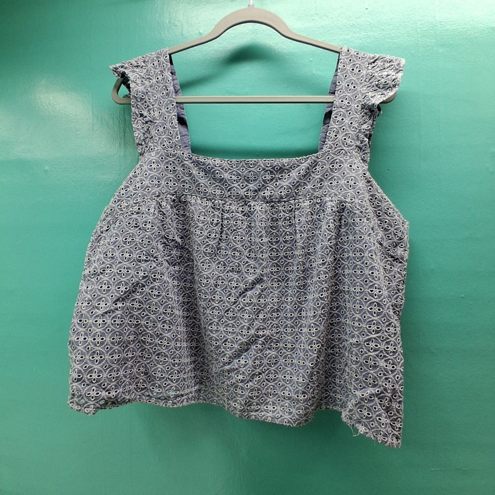 GAP Eyelet Ruffle Strap Top XL Blue Boho Cottagecore Square Neck Sleeveless